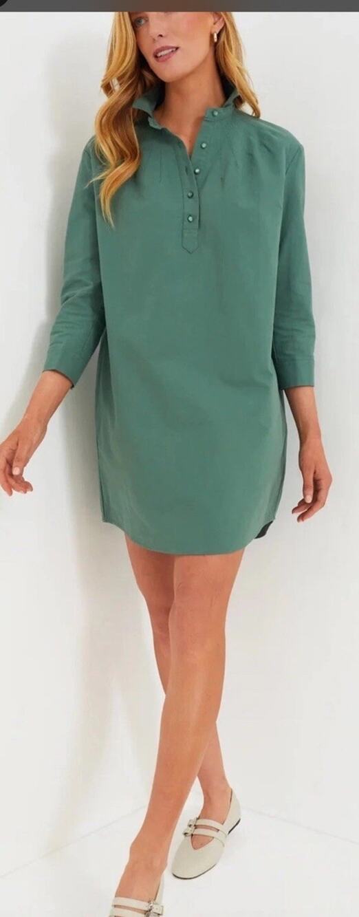 Tuckernuck Pomander Place Green Solid Collared Button-Front Cotton Shirt Dress L